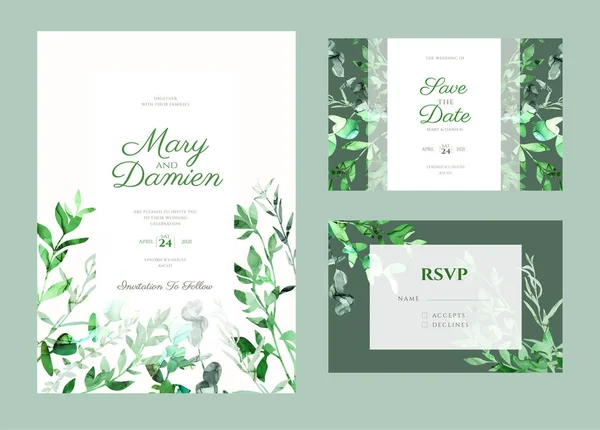 Πακέτο πρόσκλησης γάμου διακοσμημένο με ζωγραφισμένα στο χέρι πράσινα βότανα — Διανυσματικό Αρχείο