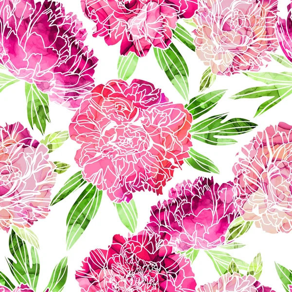 Lush peonies with alcohol ink texture on background, seamless pattern — Stock Vector