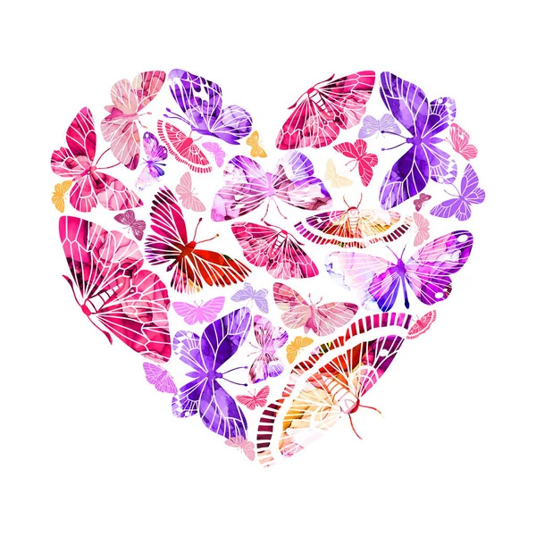 Forma de coração composto de borboletas com textura de tinta de álcool no fundo — Vetor de Stock
