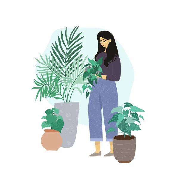 A fiatal nő gondoskodik a házi növényekről. — Stock Vector