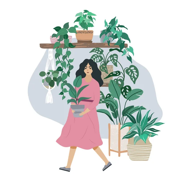 A fiatal nő gondoskodik a házi növényekről. — Stock Vector