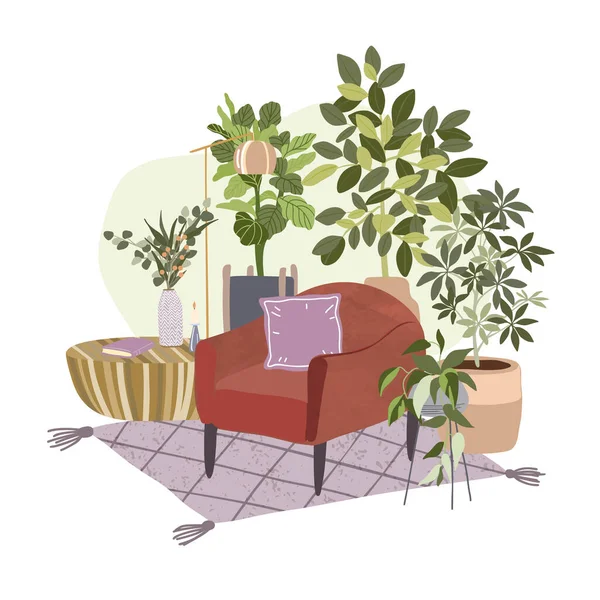 Hangulatos botrány szoba belső tér növényekkel cserépben — Stock Vector