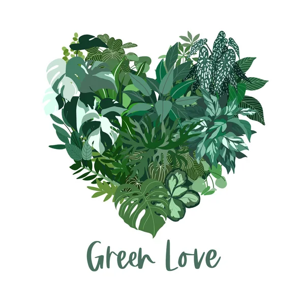 Forma del cuore fatta di foglie di piante tropicali — Vettoriale Stock