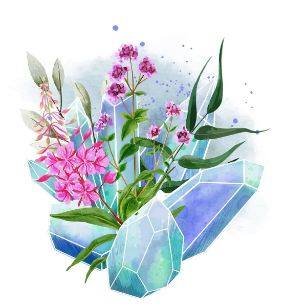 Кристалічні дорогоцінні камені з квітами, повнокольорове декоративне мистецтво — стоковий вектор