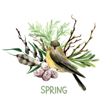 Paskalya kompozisyonu, elle çizilmiş vektör suluboya çizimi.