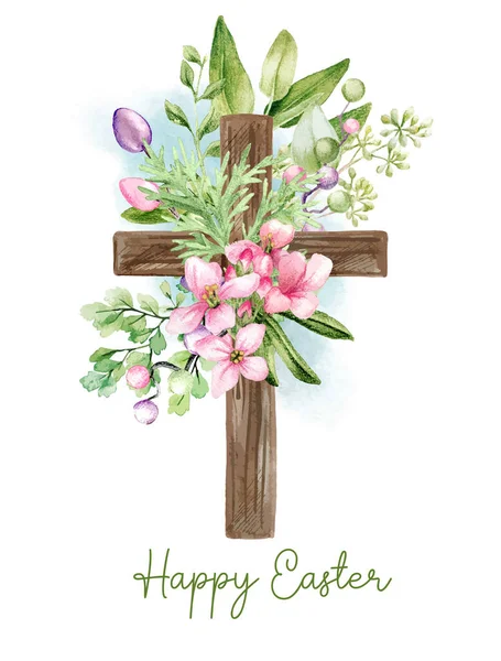 Croix chrétienne de Pâques avec des éléments floraux, décoration de Pâques — Image vectorielle