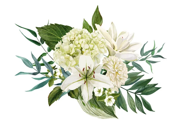 Ramo exuberante compuesto de flores blancas y vegetación — Vector de stock