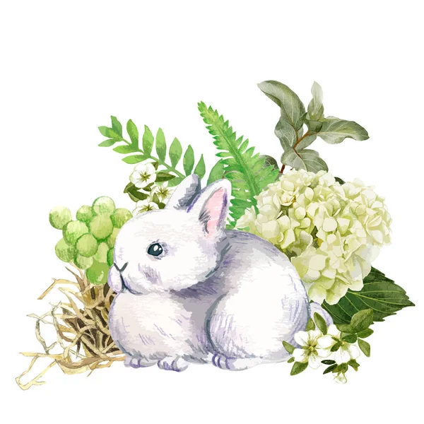 Lindo conejo gris con flores, dibujado a mano — Vector de stock