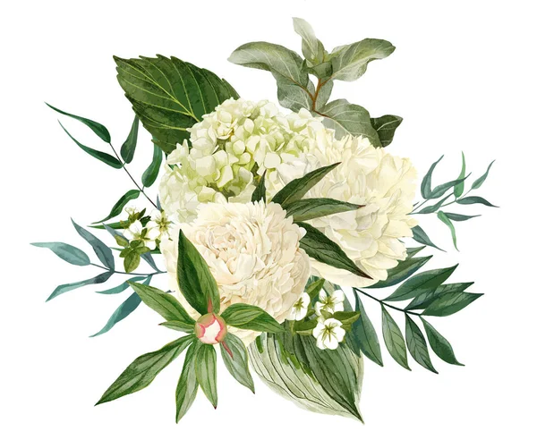 Beyaz çiçekler ve yeşillikten oluşan yemyeşil bir buket. — Stok Vektör