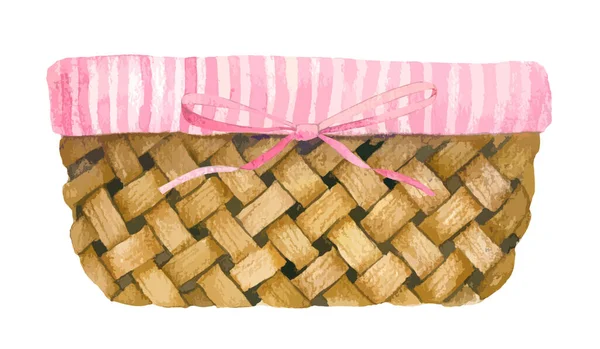 带有条纹衬里和斑纹粉色蝴蝶结的梭织篮子 — 图库矢量图片