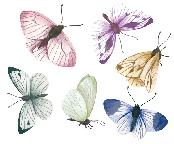 Conjunto de seis mariposas pastel, vector dibujado a mano — Vector de stock