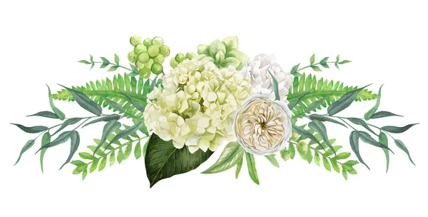 Ramo de flores blancas exuberantes simétricas con rosa — Vector de stock