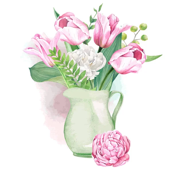 Tulipani e felci rosa e bianchi bouquet in vaso — Vettoriale Stock