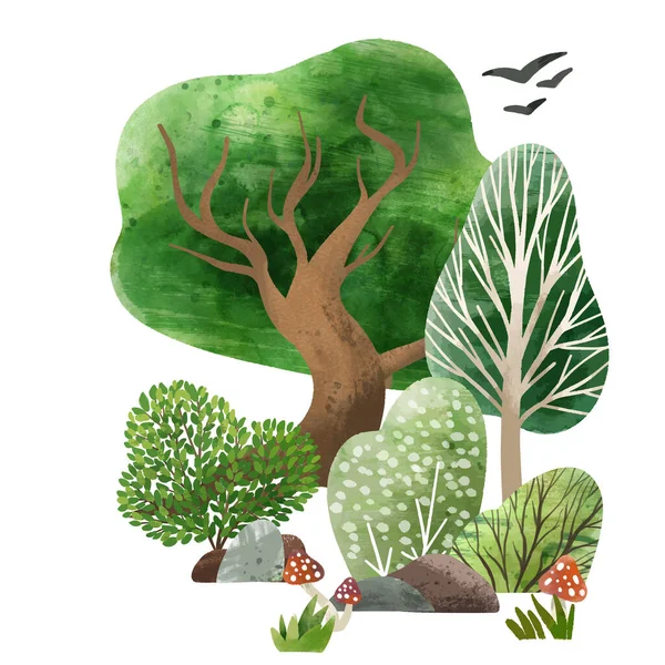 Elementi forestali ad acquerello, illustrazione vettoriale disegnata a mano. — Vettoriale Stock