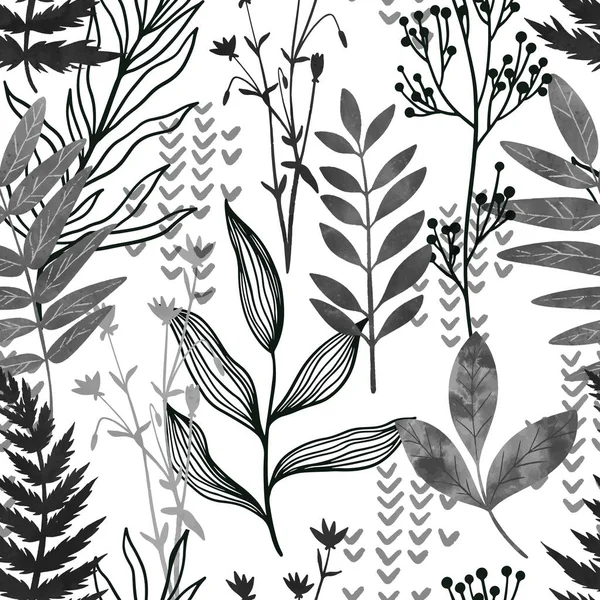 Tinta negra patrón sin costura, flora silvestre, dibujado a mano — Vector de stock