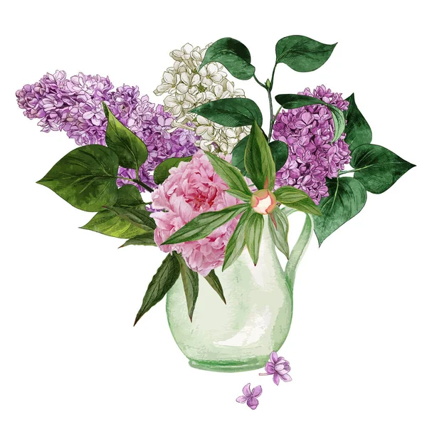 Acquerello fiori lilla e foglie. — Vettoriale Stock