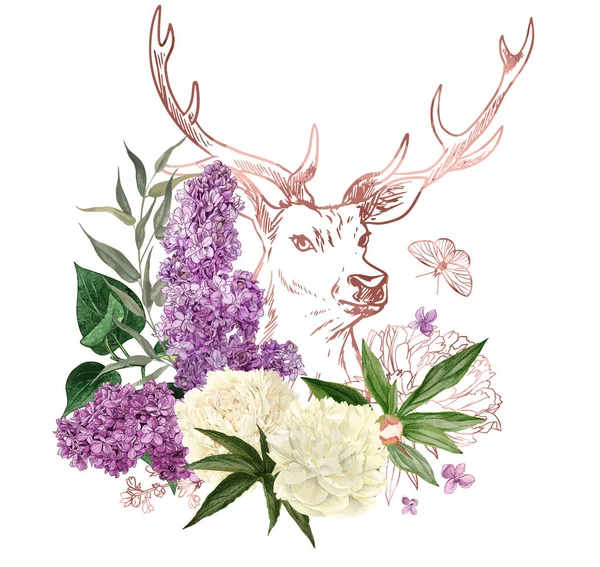 Ramo exuberante con peonías y lila y ciervos de oro rosa — Archivo Imágenes Vectoriales
