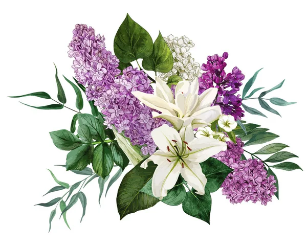 Aquarel lila bloemen en bladeren. — Stockvector