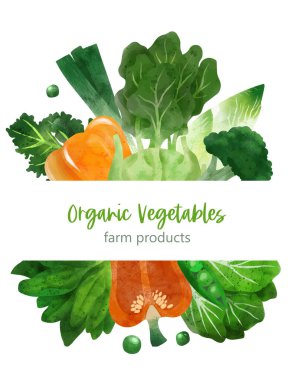 Yaz sebzeleri afişi, elle çizilmiş vektör suluboya illüstrasyonu