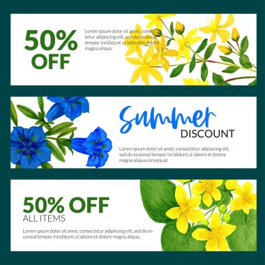 Set of three banners with wild flowers including gentian and hypericum clipart