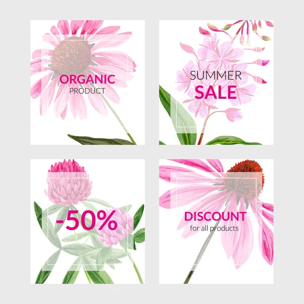 Σύνολο από τέσσερις κάρτες με άγρια λουλούδια στο παρασκήνιο — Διανυσματικό Αρχείο