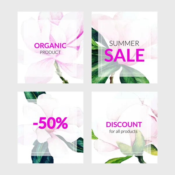 Set von vier Bannerkarten mit rosa Magnolienblüten und Blättern — Stockvektor