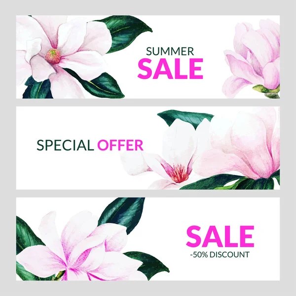 Conjunto de tres pancartas horizontales con flores de magnolia rosa — Vector de stock