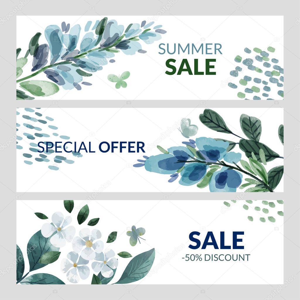 Set of three summer banners with blue watercolor florals