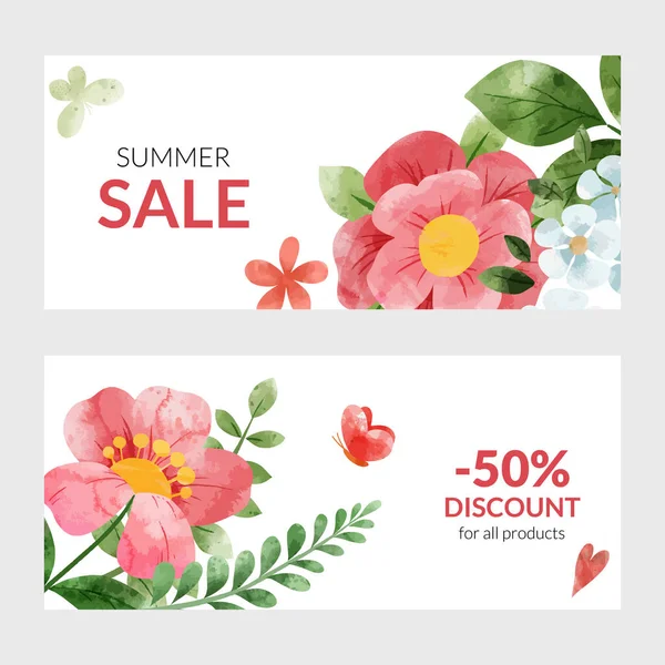 Conjunto de dois banners de verão com flores de aquarela vermelha — Vetor de Stock