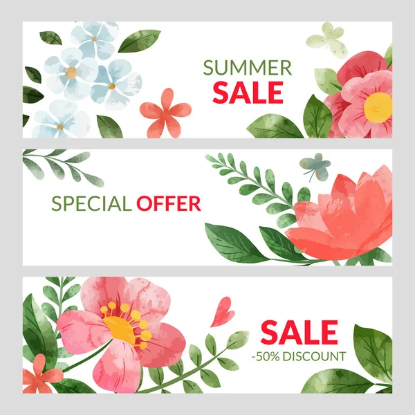 Conjunto de tres pancartas de verano con flores de acuarela roja — Vector de stock