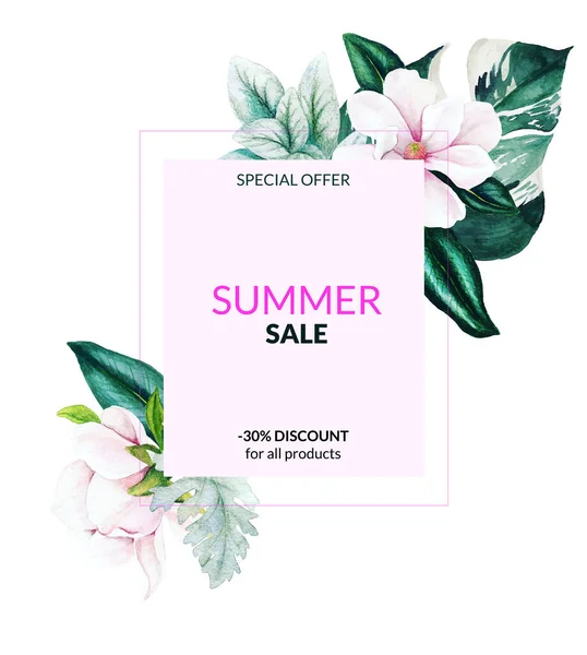 Summer Sale banner with pink magnolia flowers and leaves - Stok Vektor