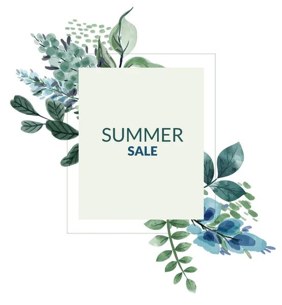 Banner de venta de verano con flores azules y verdosas — Vector de stock