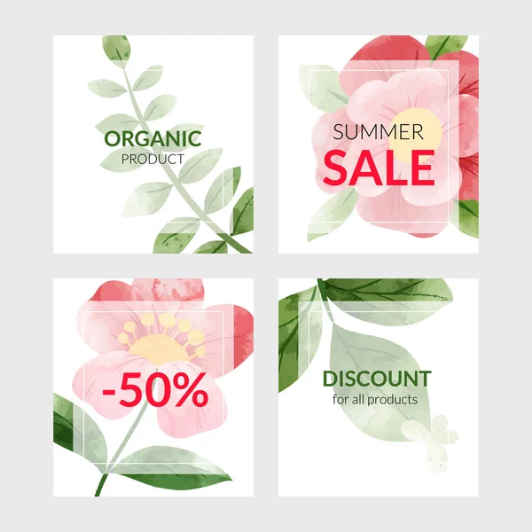 Set of four banner cards with abstract red watercolor flowers — Stock Vector