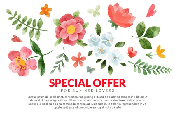 Big summer banner with abstract red watercolor flowers — Stock Vector