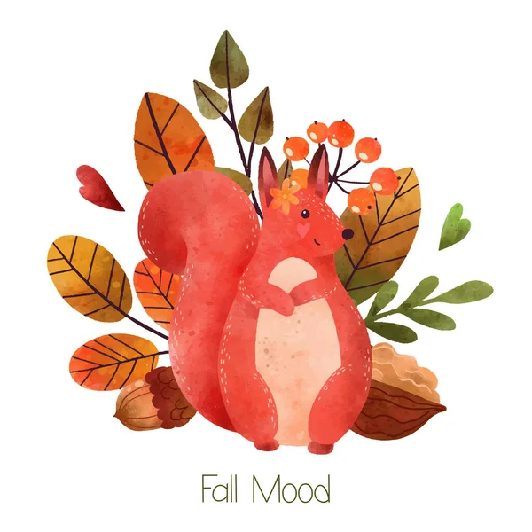 Podzimní nálada, lesní veverky, ručně kreslený vektor — Stockový vektor