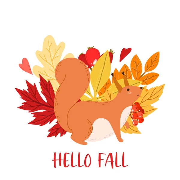 Fertiges Design mit Eichhörnchen und Herbstblättern — Stockvektor