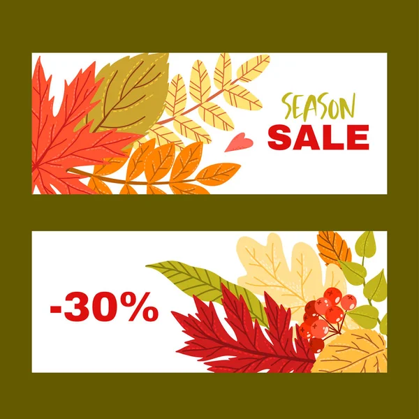 Conjunto de dos banderas de otoño con hojas y bayas — Vector de stock