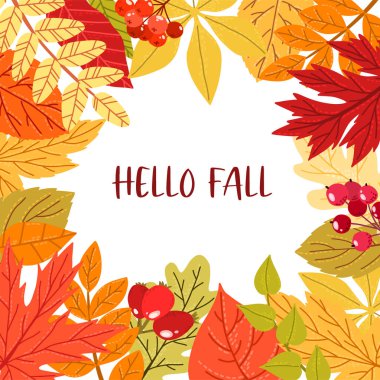 Sonbahar yaprakları ve böğürtlen çerçevesi, el çizimi düz 