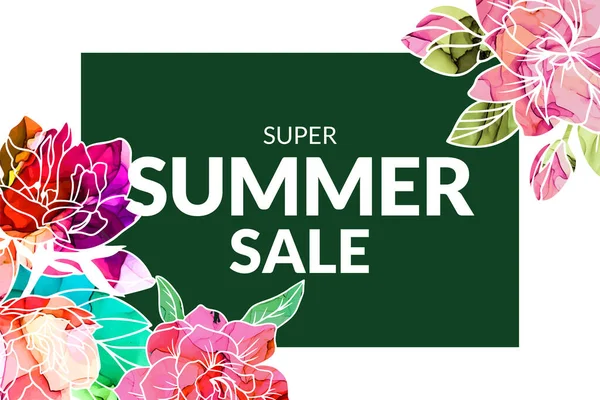 Summer Sale banner with alcohol ink flowers — Stock Vector