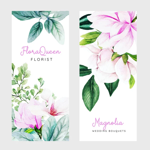 Set van twee verticale spandoeken met roze magnolia bloemen en bladeren — Stockvector