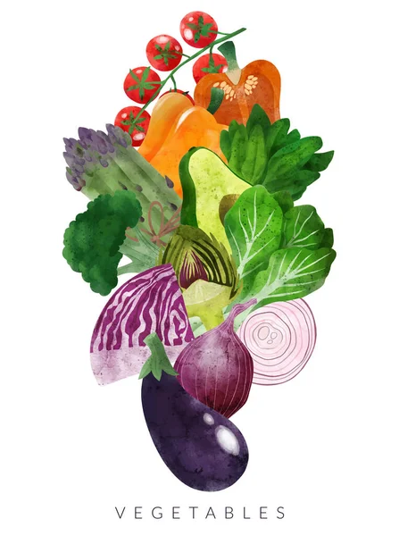 Pilha de cor de legumes frescos, vetor desenhado à mão — Vetor de Stock