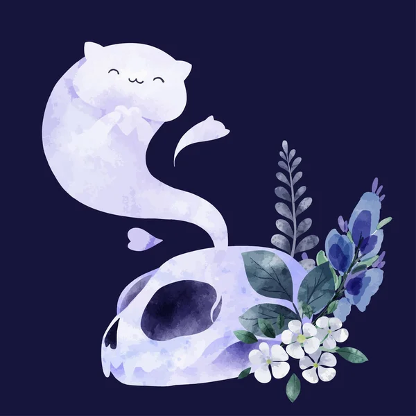 Cadılar Bayramı tasarımı, kafatası ve çiçekli kedi hayaleti — Stok Vektör