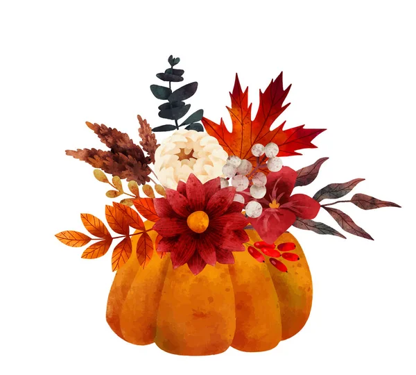 カボチャの花瓶に秋の花束,手描きベクトル — ストックベクタ