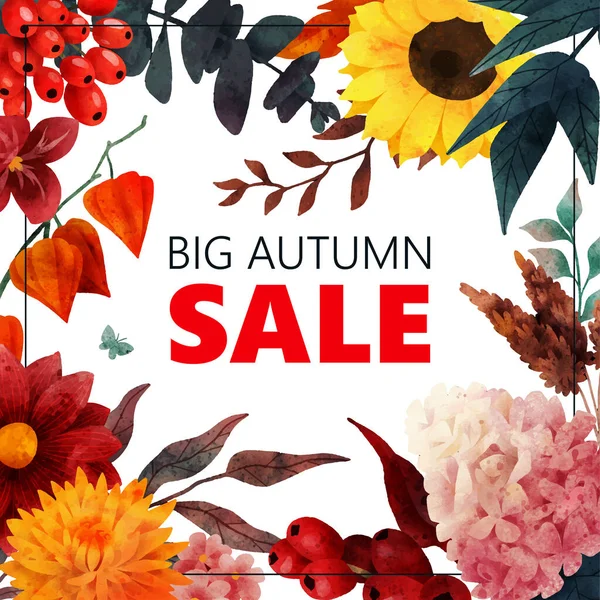 Banner de venta de otoño con elementos florales de otoño — Vector de stock