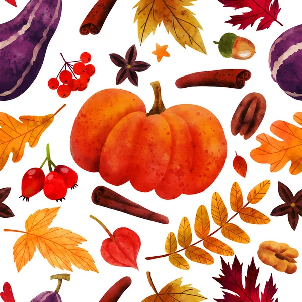 Kürbis-Gewürz, kuscheliges, nahtloses Muster mit Herbstobjekten — Stockvektor