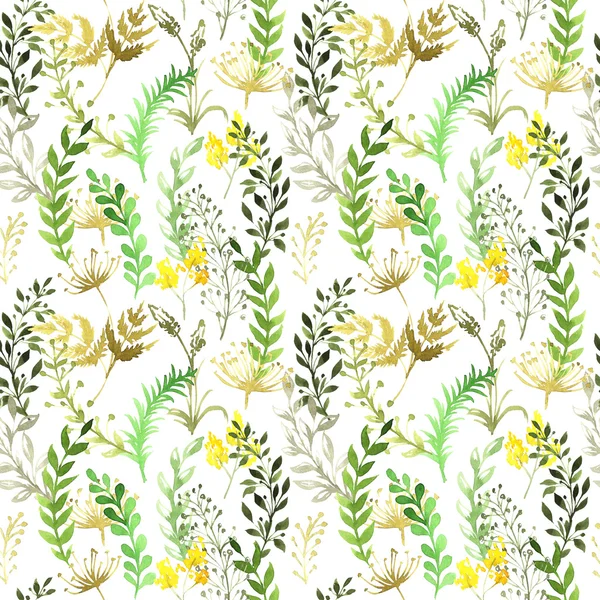 Бесшовный узор с силуэтами цветов и травы, рисунок акварелью, нарисованная вручную иллюстрация — стоковое фото