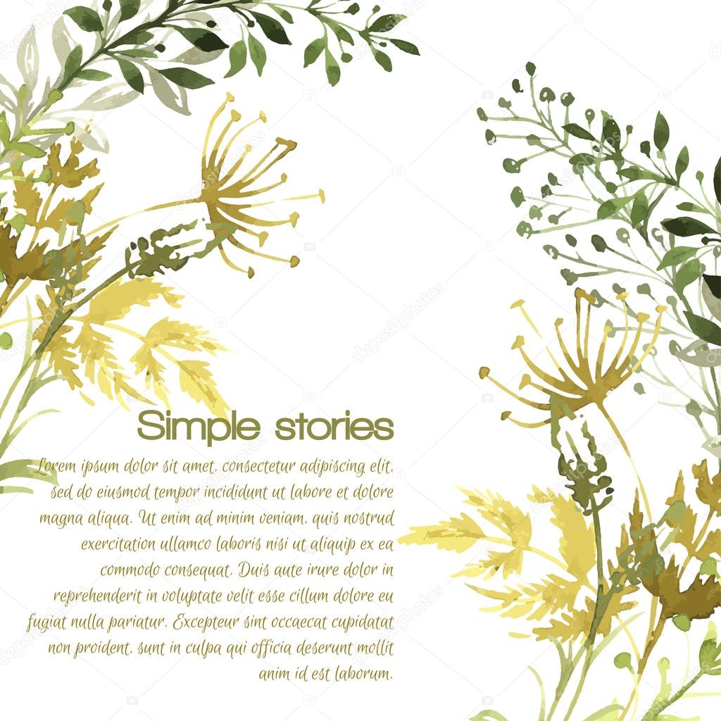 Watercolor herbs and flowers, vector background.