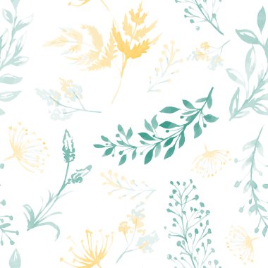 Vector seamless pattern with silhouettes of flowers and grass, drawing by watercolor, hand drawn illustration clipart