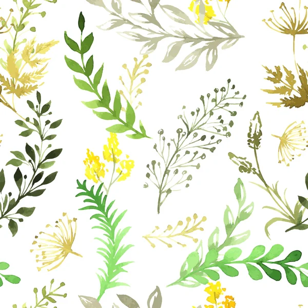 Vector seamless mönster med silhuetter av blommor och gräs, teckning av akvarell, hand dras illustration — Stock vektor