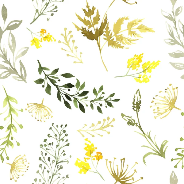 Vector seamless pattern with silhouettes of flowers and grass, drawing by watercolor, hand drawn illustration — Stock Vector